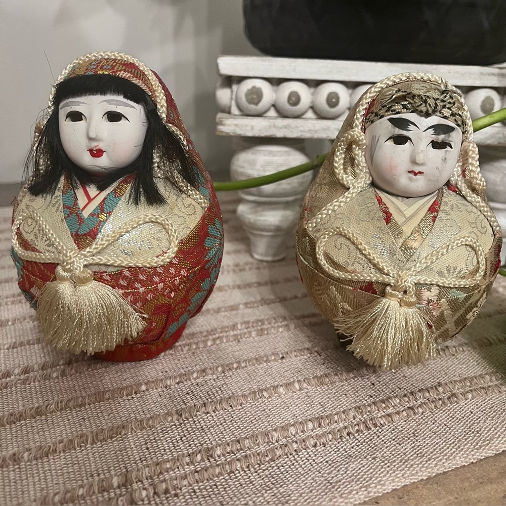 Vintage Japanese daruma wedding dolls roly poly bodies and brocade kimonos